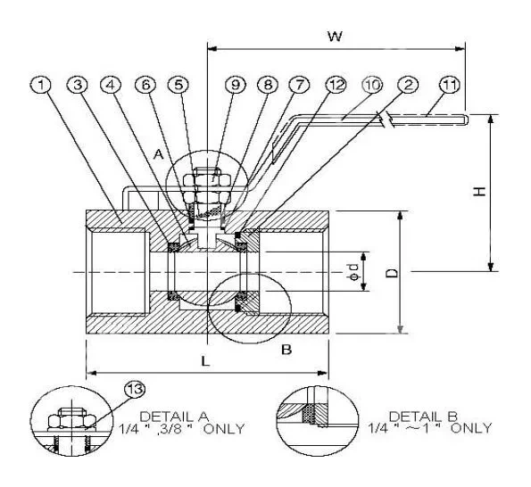 One Piece Hexagon Ball Valve, ASTM A105, 2000 PSI, FNPT Ends